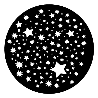 White stars with 4, 5 and 9 points and triangles in different sizes on a black circle gobo.
