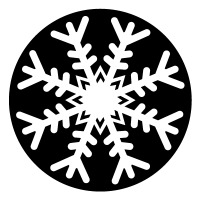 White 6 pointed snowflake with rounded edges on a black circle gobo.