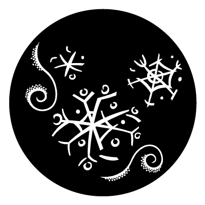 White stylised snowflakes with white curled lines and dots on a black circle gobo.