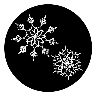 2 white curled snowflakes on a black circle gobo.