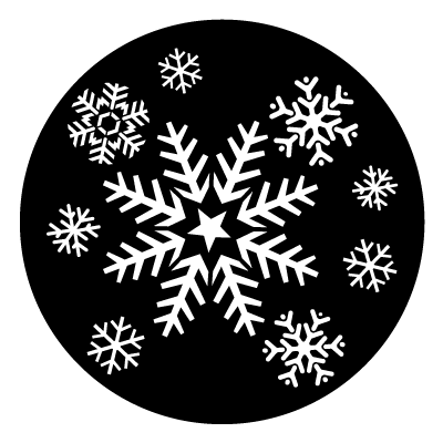 White snowflakes arranged in assorted positions on a black circle gobo.