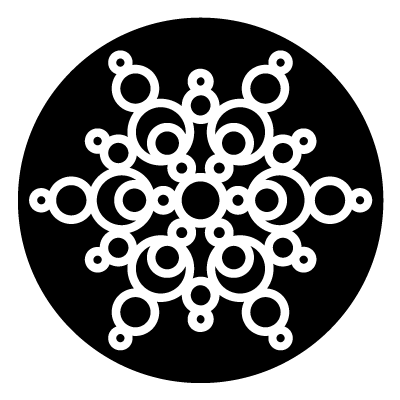 White snowflake made up of different sized circles on a black circle gobo.
