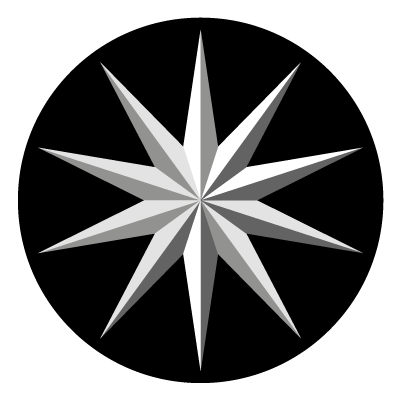 Greyscale 10 pointed 3D star on a black circle gobo.
