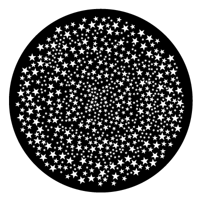 Multiple small and smaller white stars in a random dense scattering on a black circle gobo