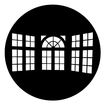 White illustration of 1x arched window with rectangular windows below, with a 4 pane rectangle window either side of this. Each pane is made up of squares. On a black circle.