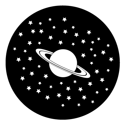 White silhouette of Saturn with stars on a black circle gobo.