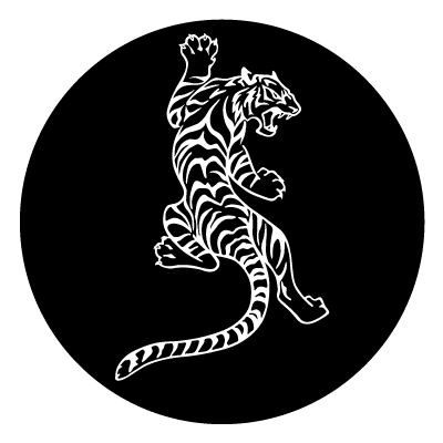 White stylised climbing tiger on a black circle gobo.