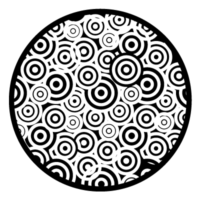 Multiple white overlapping circles in different sizes on a black circle gobo.