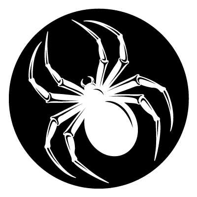 Silhouette of a large white spider on a black circle gobo.