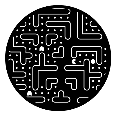 White outline of a retro game including ghosts and dots on a black circle gobo.