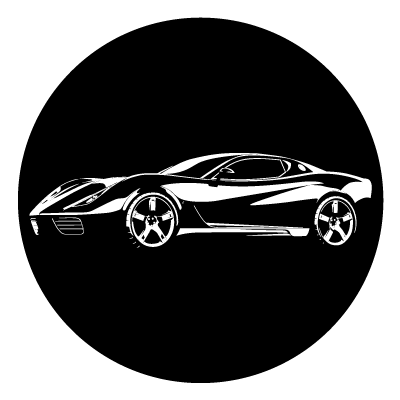 White outline of a corvette car on a black circle gobo.