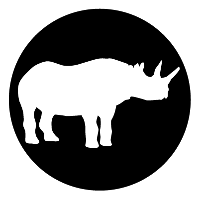 White silhouette of a rhino on a black circle gobo.