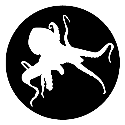 White silhouette of an octopus on a black circle gobo.