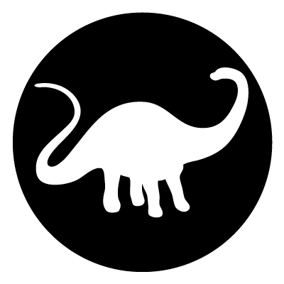 White silhouette of a diplodocus on a black circle gobo.