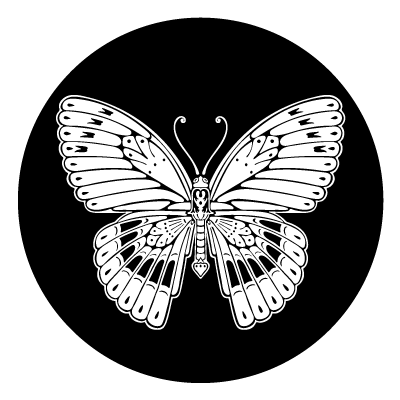 White detailed silhouette of a butterfly on a black circle gobo.
