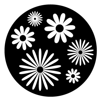 White flowers of different shapes and sizes on a black circle gobo.