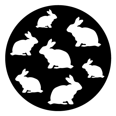 White silhouette of multiple rabbits on a black circle gobo.
