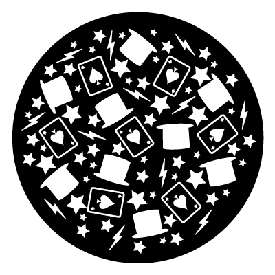 Multiple white magician hats, ace of spades, lighting bolts and stars of different sizes, facing different directions on a black circle gobo.