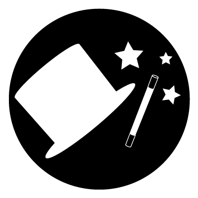 White magician hat with wand and stars on a black circle gobo.