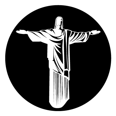 White illustration of a Jesus statue on a black circle.