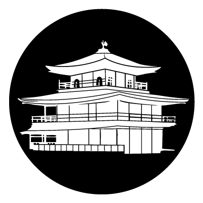 White illustration of a pagoda on a black circle.