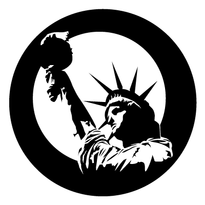 Silhouette of the Statue of Liberty on a white circle, all on a black background.