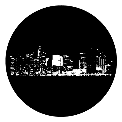 White image of a city skyline on a black circle.