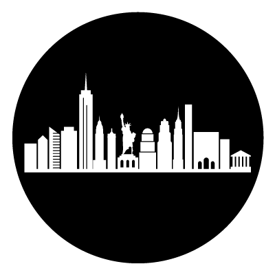 Silhouette of the New York skyline on a black circle.