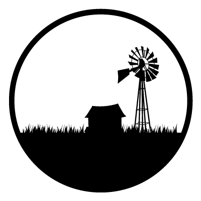 Black silhouette of a wooden hut and a windmill on grass, cut out of a white circle.