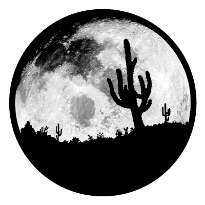 Greyscale image of a moon with cacti silhouettes cut off of it. All on a black circle.