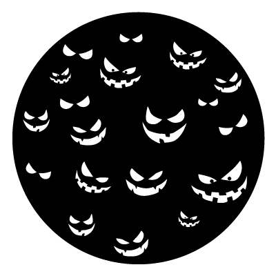 White spooky glowing eyes and mouths on a black circle gobo.