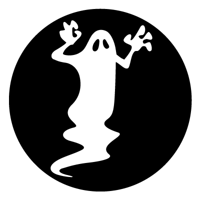 Spooky white ghost with arms on a black circle gobo.