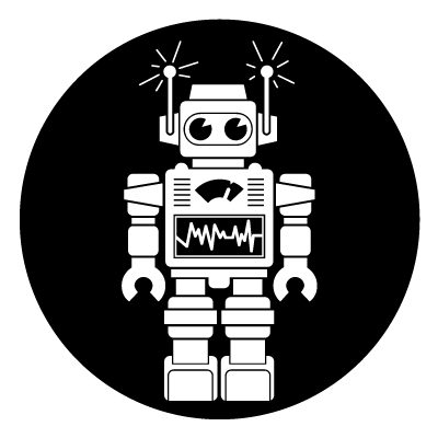 White silhouette of a retro metal style robot toy on a black circle gobo.