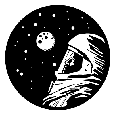 White silhouette of an astronauts upper body looking into space with stars and moo in the background on a black circle gobo. 