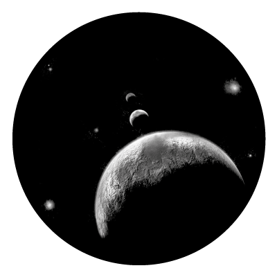 Greyscale image of the sun reflecting on the edges of 3 planets getting smaller in the distance, on a black circle gobo.