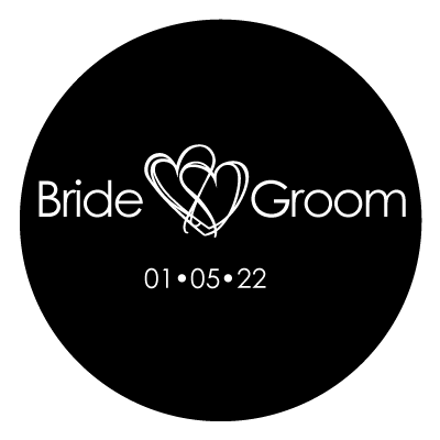 White "bride groom" text with 2 intertwined in between the two words.
Underneath this text is "01.05.22" in white. All on a black circle.