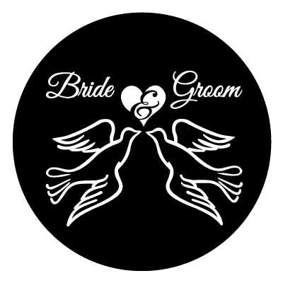 "Bride & Groom" text, the & is cutout of a white heart. Below this is an illustration on two doves facing each other.