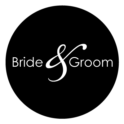 White "Bride & Groom" text on a black circle.