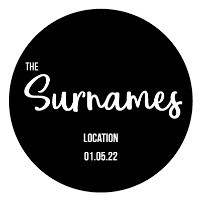 "The Surnames" text with "LOCATION" and "01.05.2022" underneath. All white on a black circle.