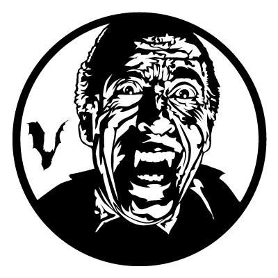 Silhouette of Draculas face and a bat in front of a full moon on a black circle gobo.