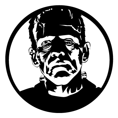 Silhouette of Frankensteins monster in front of a full moon on a black circle gobo.