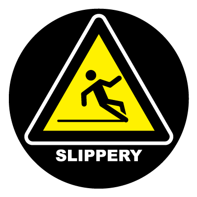 Yellow 'Slippery' wet floor safety signage gobo.