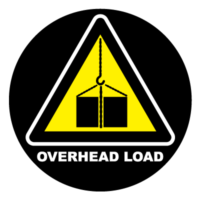 Yellow 'Overhead load' safety signage gobo.