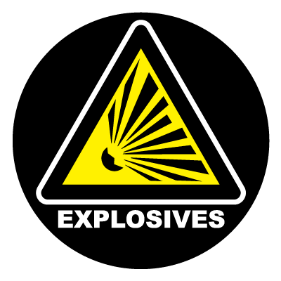 Yellow 'Explosives' safety signage gobo.