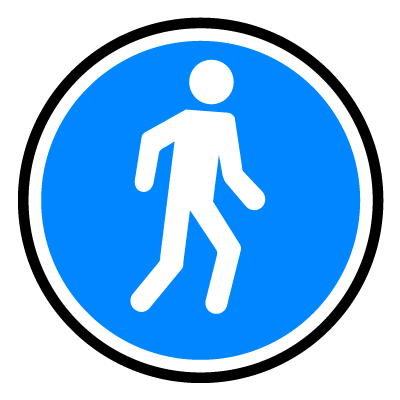 Blue 'Pedestrians ahead' safety signage gobo.