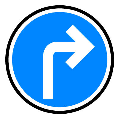 Blue circular 'Turn right' safety signage gobo.