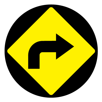 Yellow diamond 'Turn right' safety signage gobo.