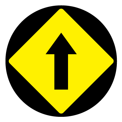 Yellow diamond 'ahead arrow' safety signage gobo.