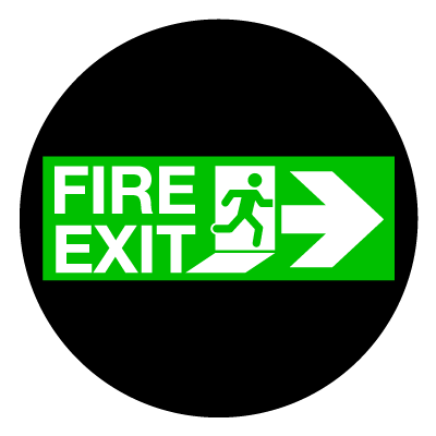 Green 'Fire exit right' safety signage gobo.