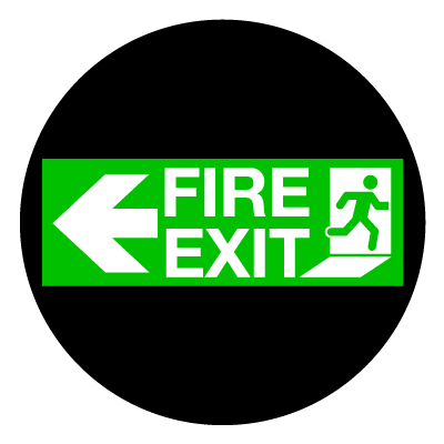 Green 'Fire exit left' safety signage gobo.